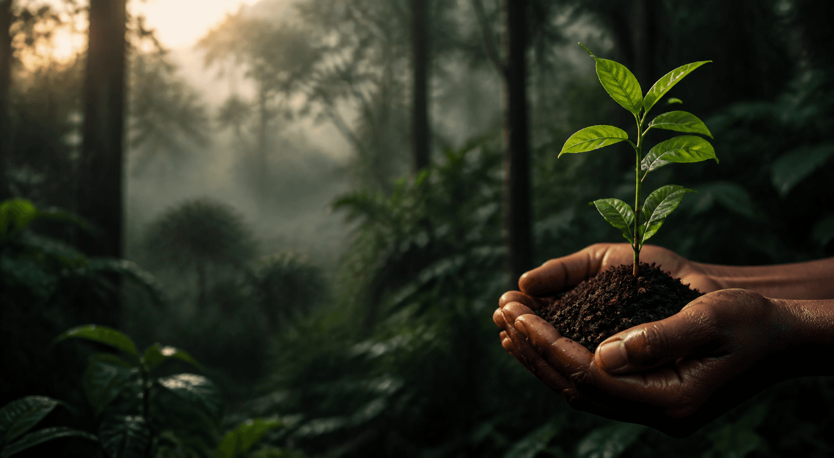 Hands holding a young tree in a forest